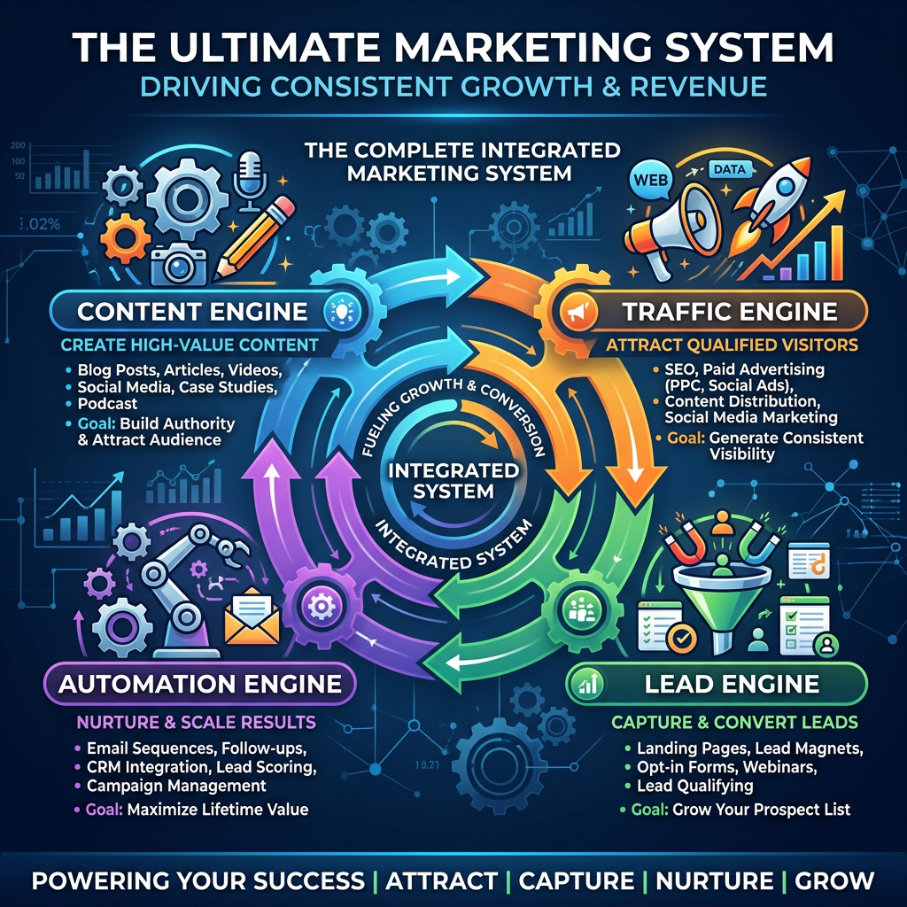 Integrated marketing system showing content engine, traffic engine, lead engine, and automation engine